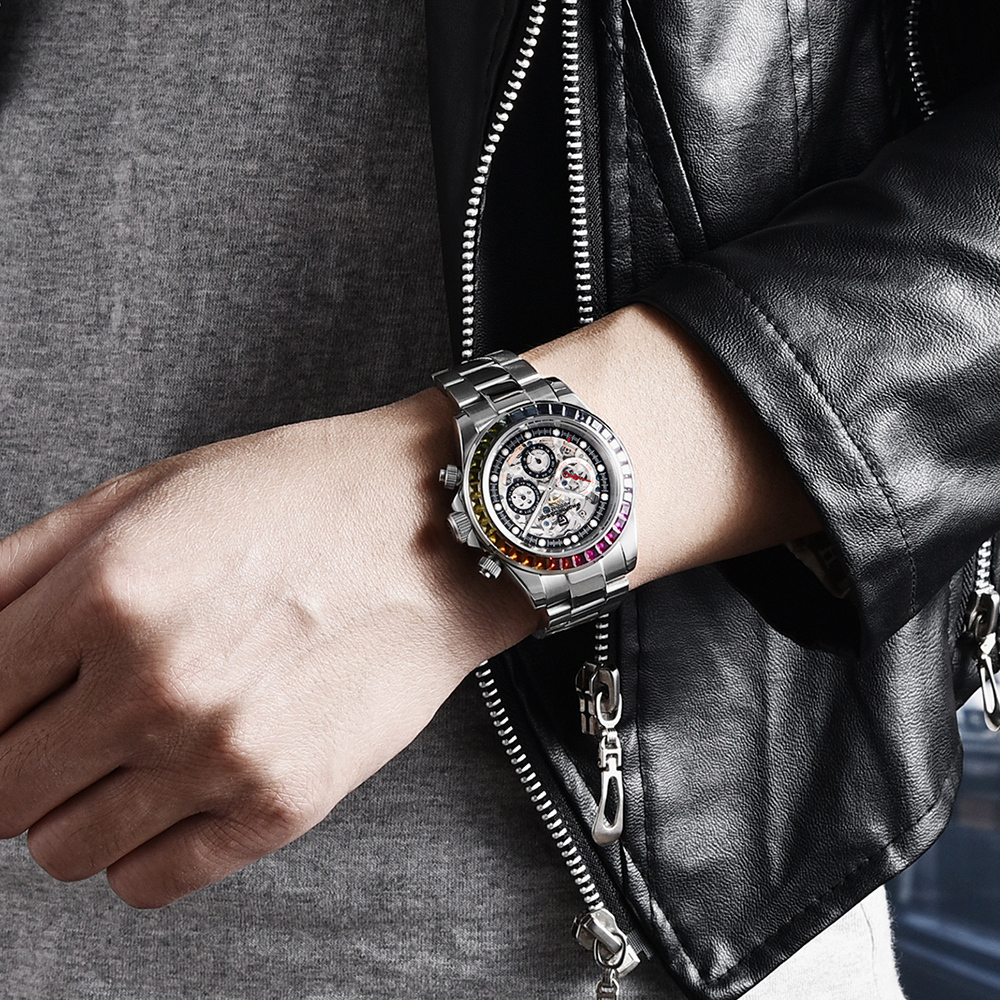 PAGANI DESIGN Men's Skeleton Automatic Watches Daytona Homage Stainless Steel Waterproof Wrist Watch with Sapphire Glass Rainbow Bezel