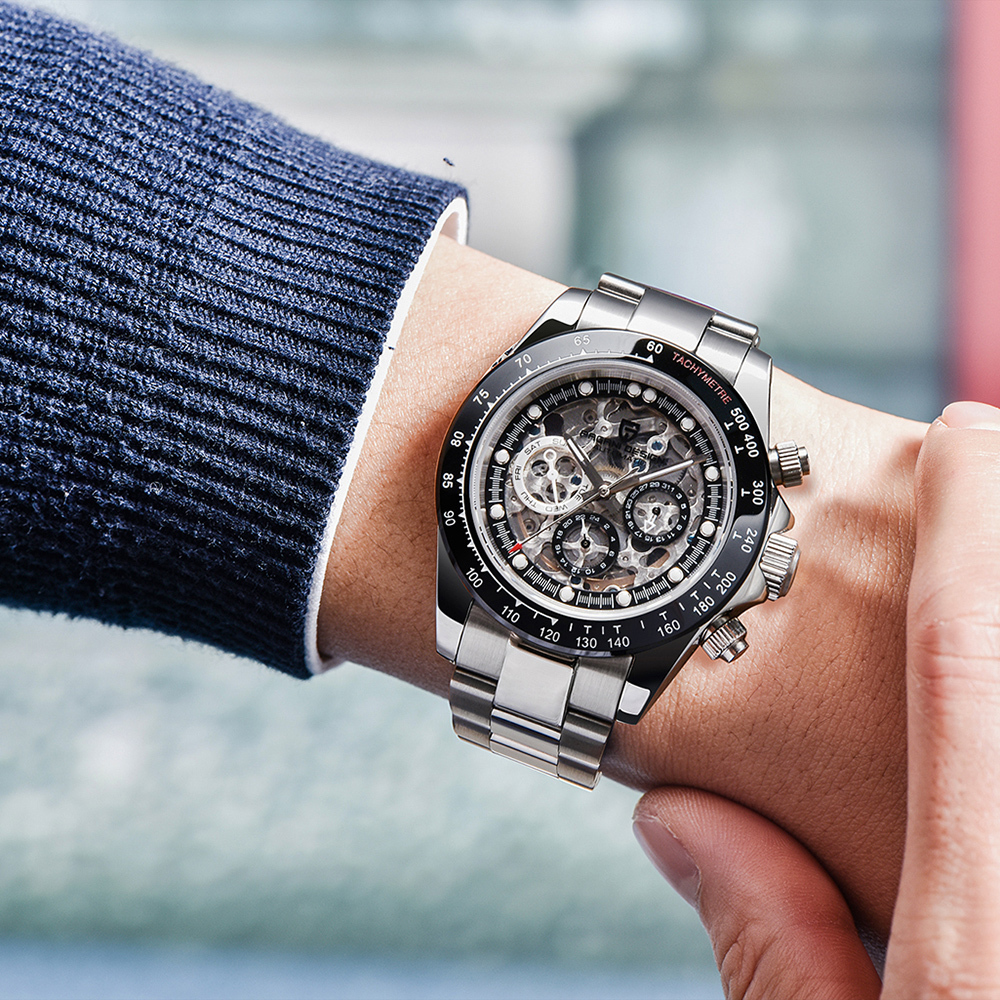 PAGANI DESIGN Men's Skeleton Automatic Watches Daytona Homage Stainless Steel Waterproof Wrist Watch with Sapphire Glass