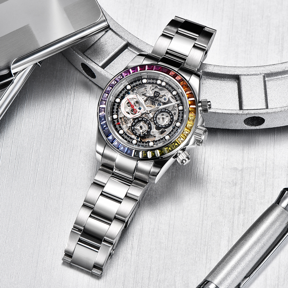 PAGANI DESIGN Men's Skeleton Automatic Watches Daytona Homage Stainless Steel Waterproof Wrist Watch with Sapphire Glass Rainbow Bezel
