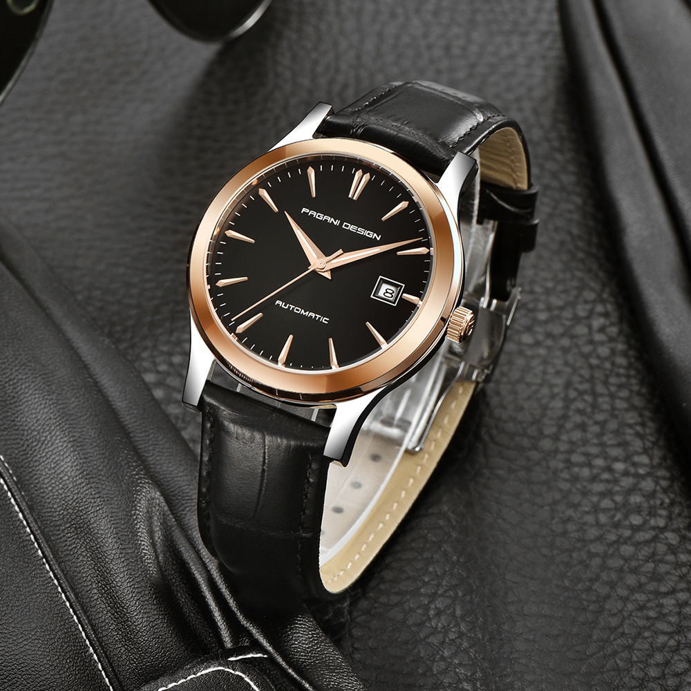 PAGANI DESIGN Casual Automatic Men's Watches with Sea-gull 2813 Movement and Genuine Leather Strap Hardlex Dial Window