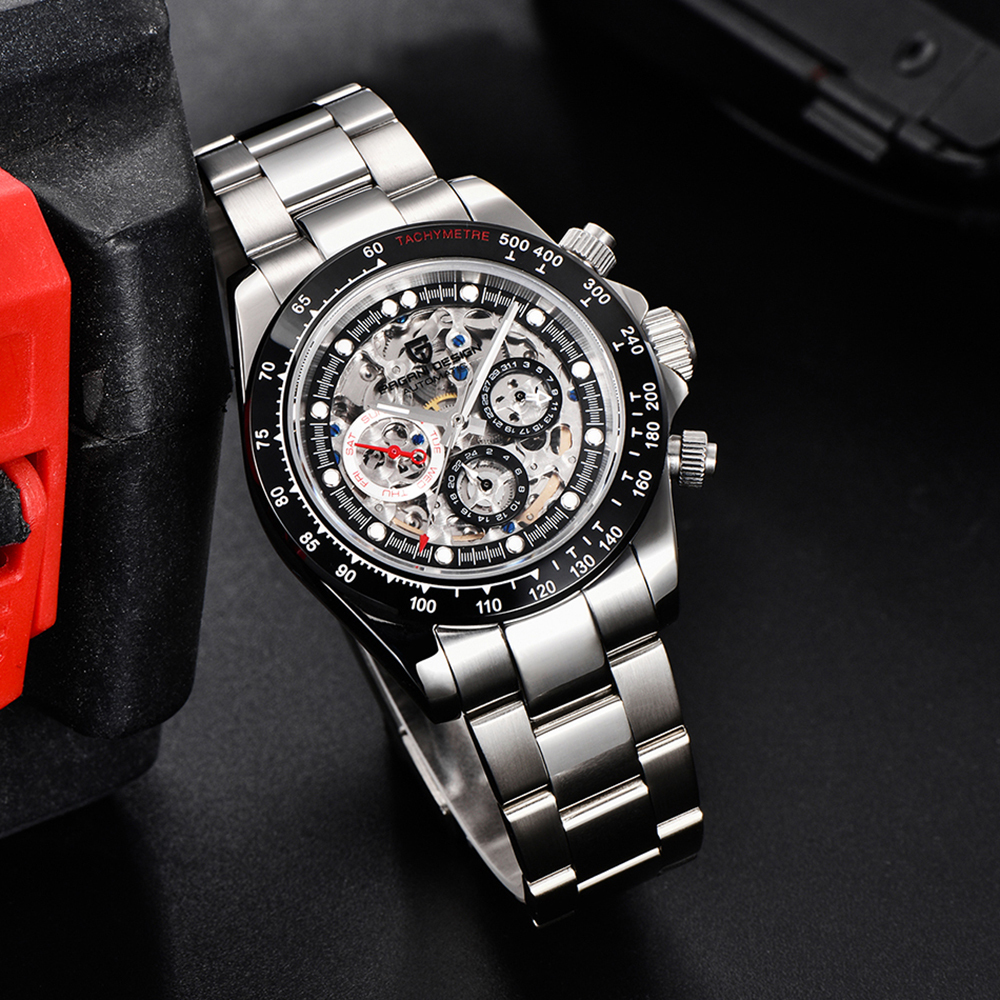 PAGANI DESIGN Men's Skeleton Automatic Watches Daytona Homage Stainless Steel Waterproof Wrist Watch with Sapphire Glass