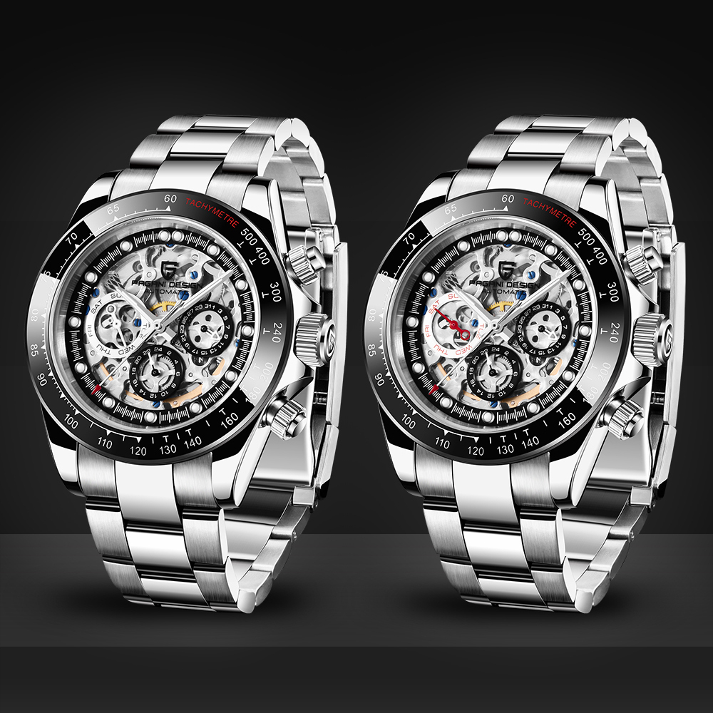 PAGANI DESIGN Men's Skeleton Automatic Watches Daytona Homage Stainless Steel Waterproof Wrist Watch with Sapphire Glass