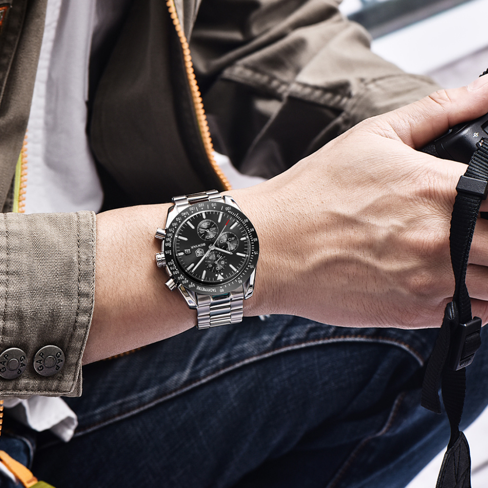 BENYAR Men's Watches Waterproof Stainless Steel Wrist Watch with Silicone Watchband Chronograph Auto Date