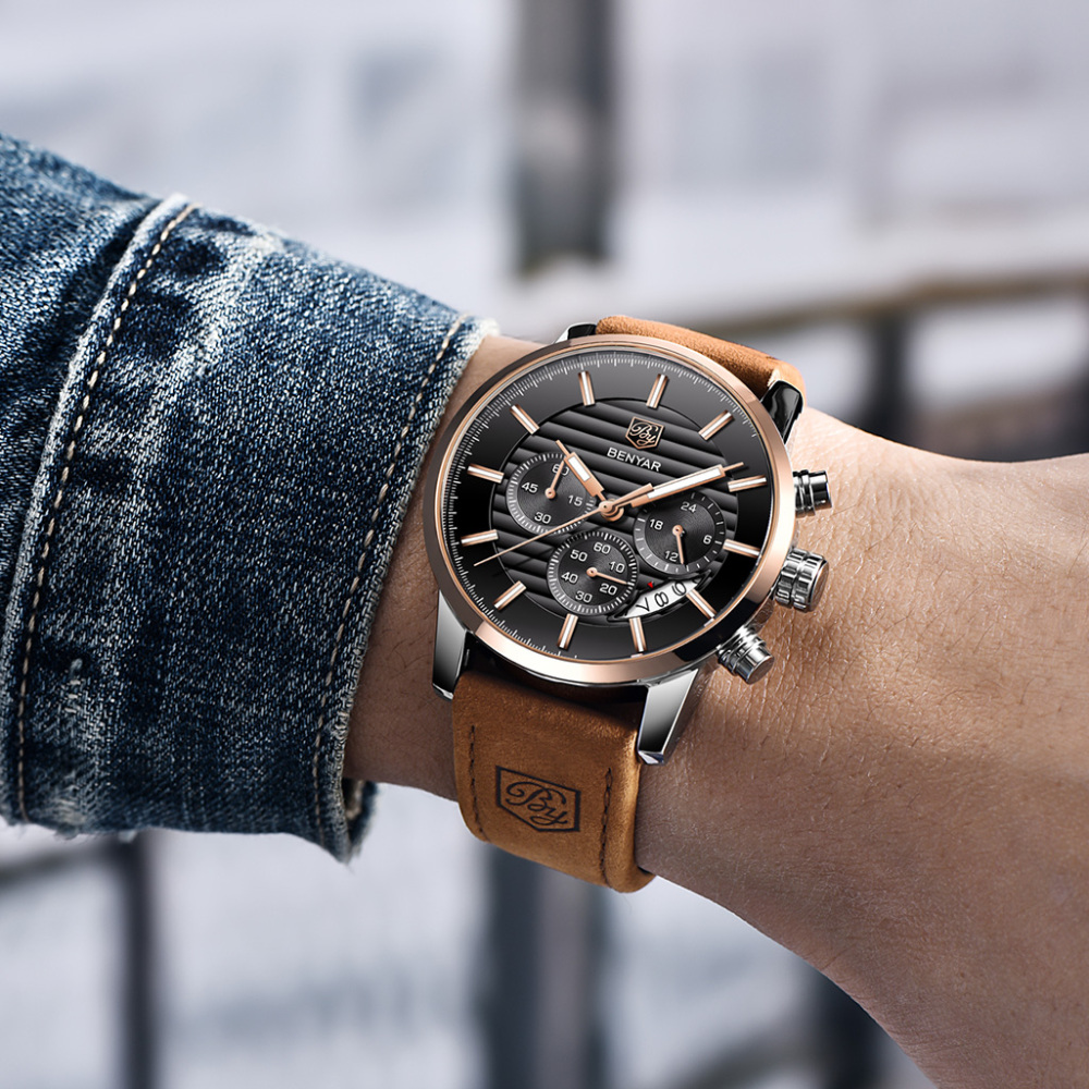 BENYAR Mens Watches Quartz Chronograph Waterproof Sport Fashion Wrist Watch for Men Leather Watchband Strap Lume Dial