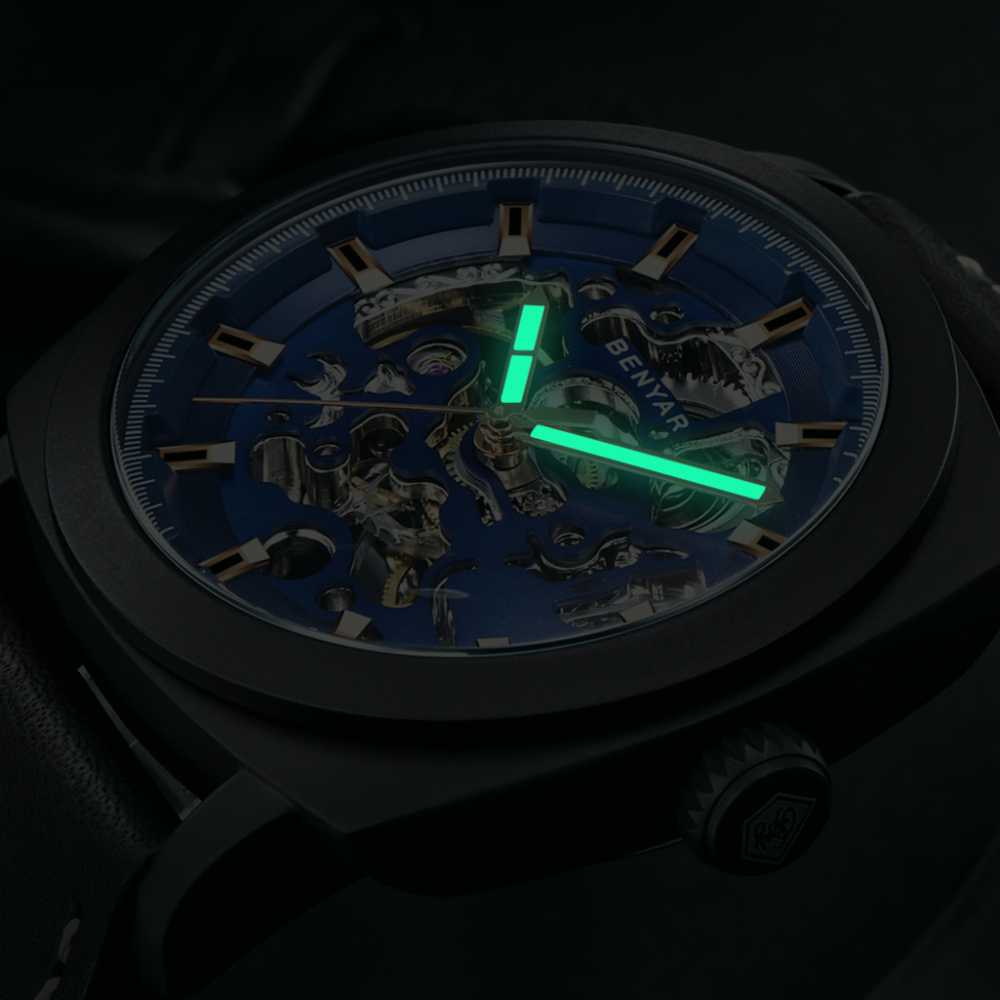 BENYAR Automatic Men’s Watches with Genuine Leather Watchband Skeleton Mechanical Movement  Waterroof Wrist Watch for Men Lume Pointers