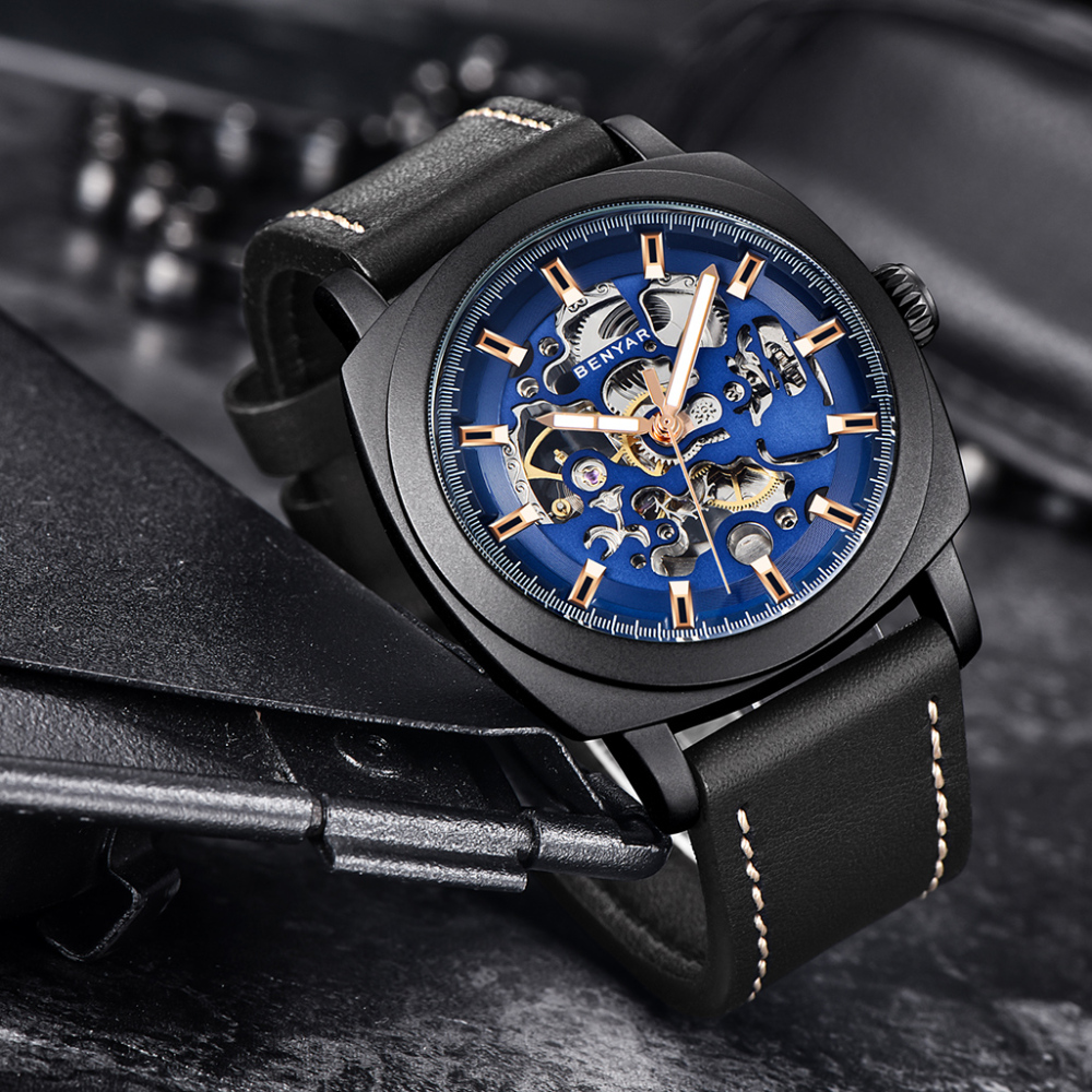 BENYAR Automatic Men’s Watches with Genuine Leather Watchband Skeleton Mechanical Movement  Waterroof Wrist Watch for Men Lume Pointers