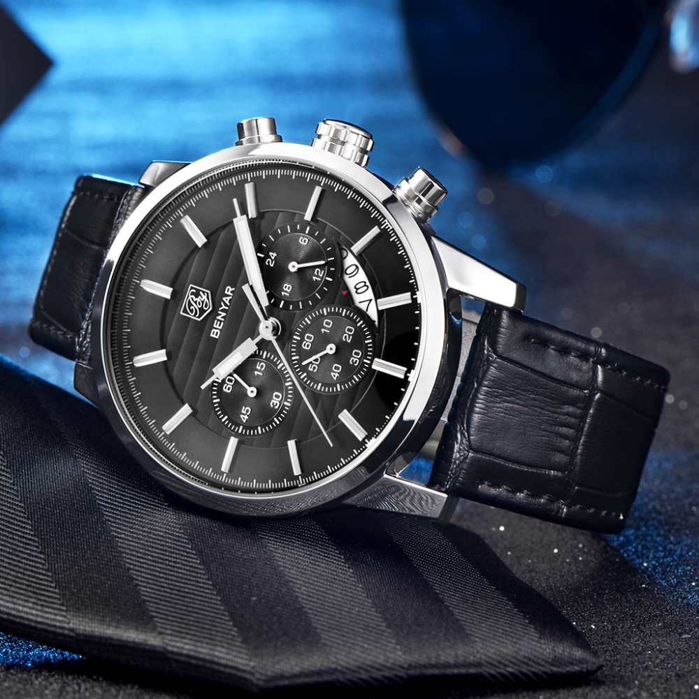 BENYAR Mens Watches Quartz Chronograph Waterproof Sport Fashion Wrist Watch for Men Leather Watchband Strap Lume Dial
