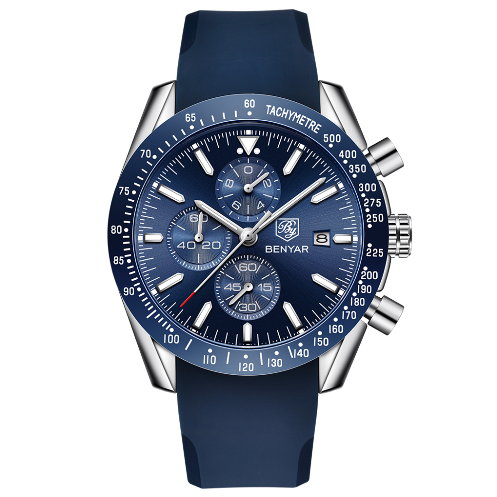 BENYAR Men's Watches Waterproof Stainless Steel Wrist Watch with Silicone Watchband Chronograph Auto Date