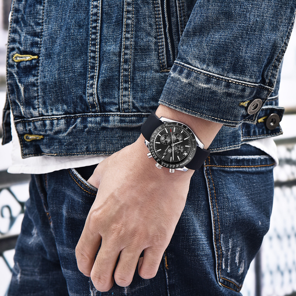 BENYAR Men's Watches Waterproof Stainless Steel Wrist Watch with Silicone Watchband Chronograph Auto Date