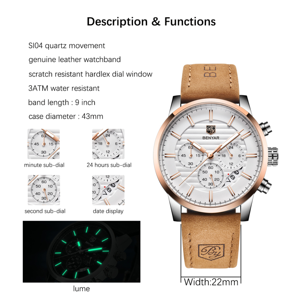 BENYAR Mens Watches Quartz Chronograph Waterproof Sport Fashion Wrist Watch for Men Leather Watchband Strap Lume Dial