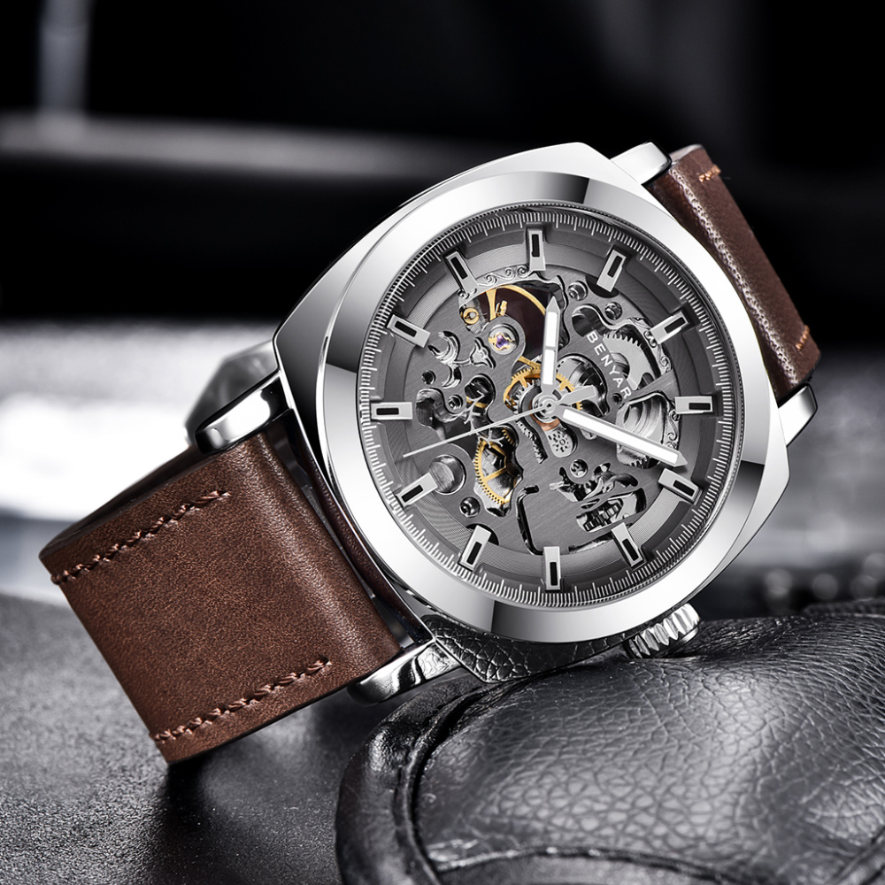 BENYAR Automatic Men’s Watches with Genuine Leather Watchband Skeleton Mechanical Movement  Waterroof Wrist Watch for Men Lume Pointers