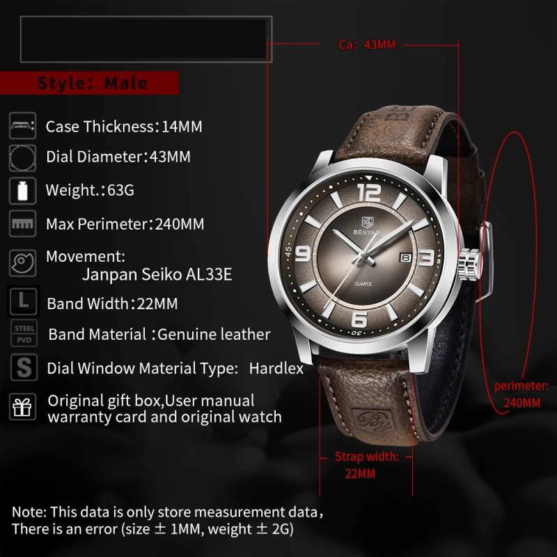 BENYAR Mens Watches Genuine Leather Quartz Wrist Watch for Men Seiko AL33E Movement Waterproof Casual Business Wristwatch Auto Date Lume Dial