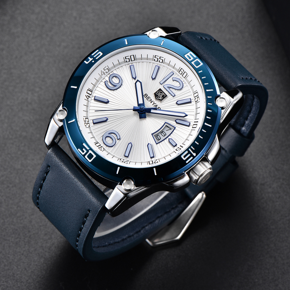 BENYAR Mens Watches Sports Quartz Casual Waterproof Wrist Watch for Men Auto Date Leather Watchband Stainless Steel Case