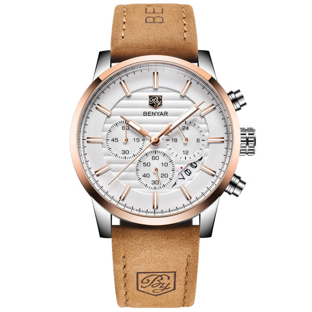 BENYAR Mens Watches Quartz Chronograph Waterproof Sport Fashion Wrist Watch for Men Leather Watchband Strap Lume Dial