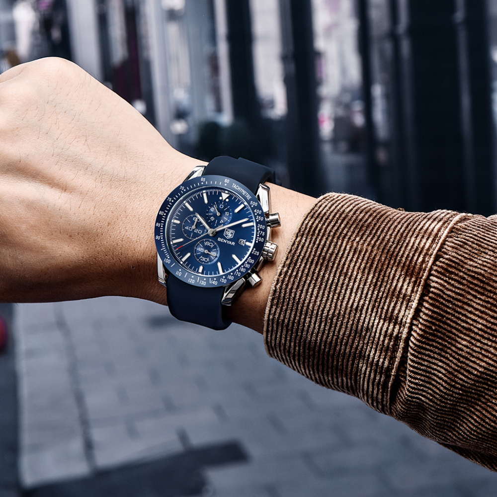 BENYAR Men's Watches Waterproof Stainless Steel Wrist Watch with Silicone Watchband Chronograph Auto Date