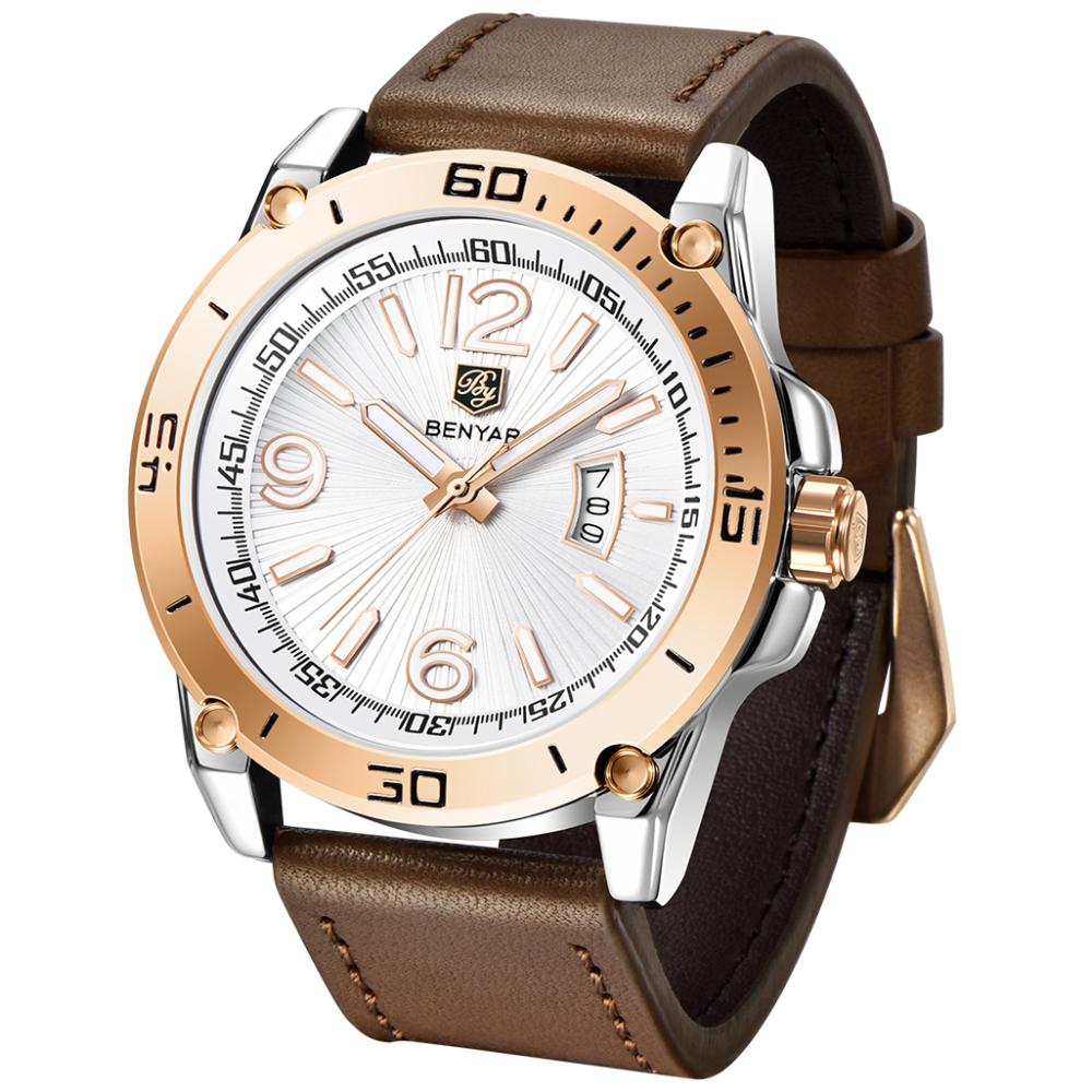 BENYAR Mens Watches Sports Quartz Casual Waterproof Wrist Watch for Men Auto Date Leather Watchband Stainless Steel Case
