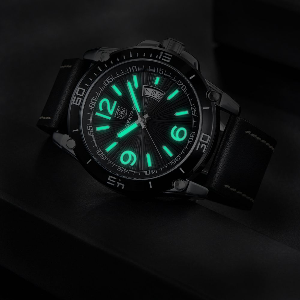 BENYAR Mens Watches Sports Quartz Casual Waterproof Wrist Watch for Men Auto Date Leather Watchband Stainless Steel Case