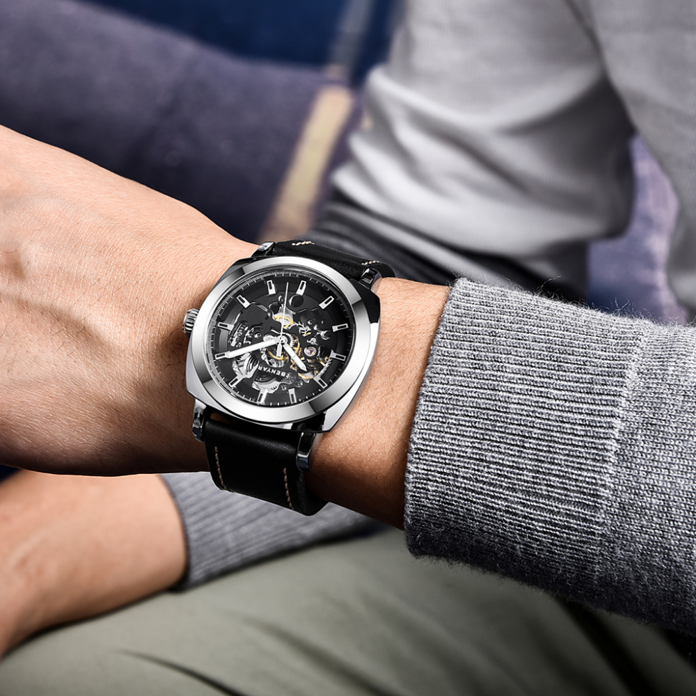 BENYAR Automatic Men’s Watches with Genuine Leather Watchband Skeleton Mechanical Movement  Waterroof Wrist Watch for Men Lume Pointers