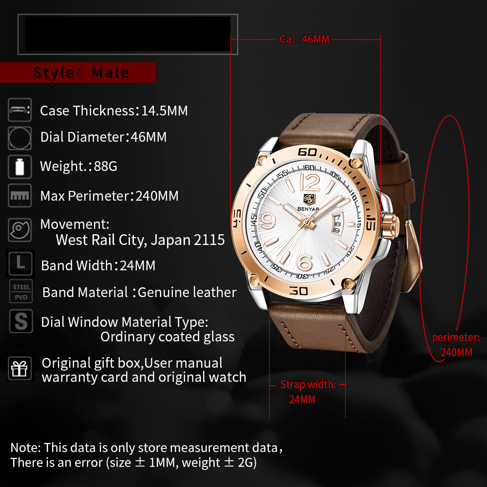 BENYAR Mens Watches Sports Quartz Casual Waterproof Wrist Watch for Men Auto Date Leather Watchband Stainless Steel Case
