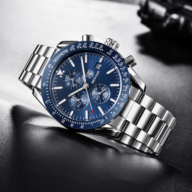 BENYAR Men's Watches Waterproof Stainless Steel Wrist Watch with Silicone Watchband Chronograph Auto Date
