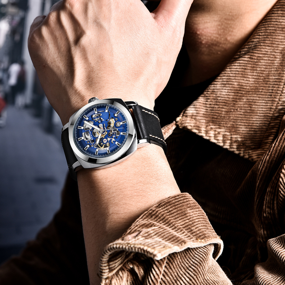BENYAR Automatic Men’s Watches with Genuine Leather Watchband Skeleton Mechanical Movement  Waterroof Wrist Watch for Men Lume Pointers