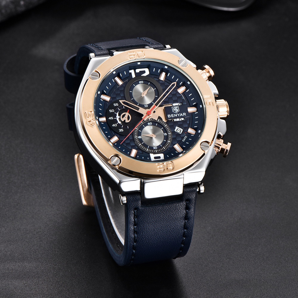 BENYAR Mens Sports Watches With Soft Leather Watchband Stopwatch Waterproof Chronograph Quartz Movement Auto Date