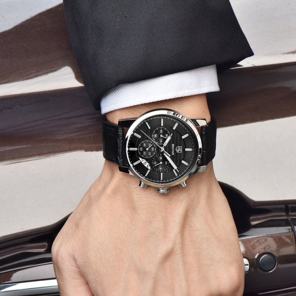 BENYAR Mens Watches Quartz Chronograph Waterproof Sport Fashion Wrist Watch for Men Leather Watchband Strap Lume Dial