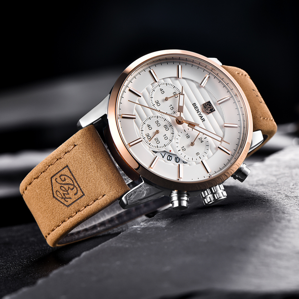 BENYAR Mens Watches Quartz Chronograph Waterproof Sport Fashion Wrist Watch for Men Leather Watchband Strap Lume Dial