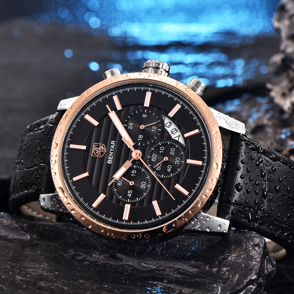 BENYAR Mens Watches Quartz Chronograph Waterproof Sport Fashion Wrist Watch for Men Leather Watchband Strap Lume Dial