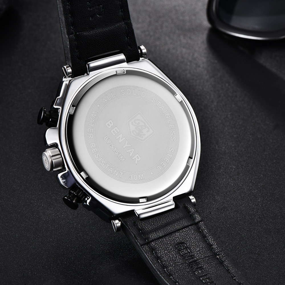 BENYAR Mens Sports Watches With Soft Leather Watchband Stopwatch Waterproof Chronograph Quartz Movement Auto Date