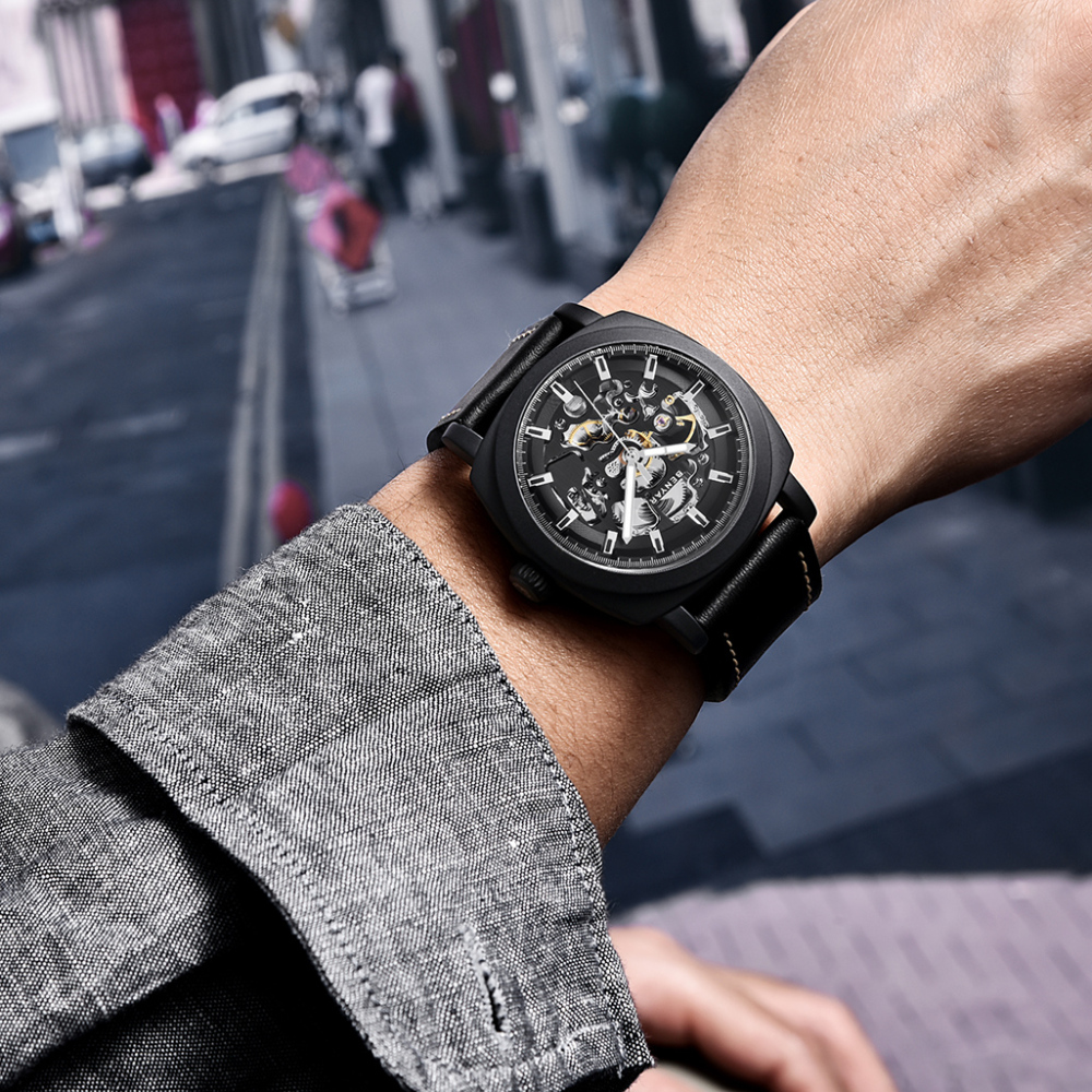 BENYAR Automatic Men’s Watches with Genuine Leather Watchband Skeleton Mechanical Movement  Waterroof Wrist Watch for Men Lume Pointers