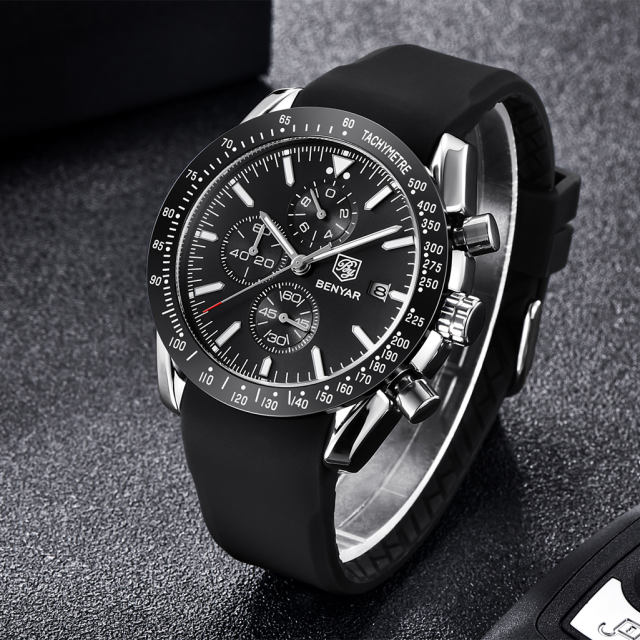 BENYAR Men's Watches Waterproof Stainless Steel Wrist Watch with Silicone Watchband Chronograph Auto Date