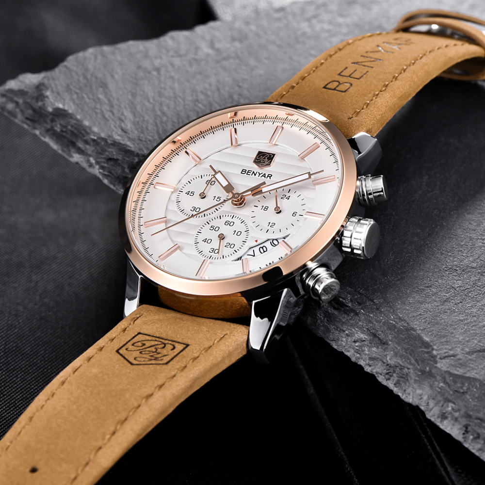 BENYAR Mens Watches Quartz Chronograph Waterproof Sport Fashion Wrist Watch for Men Leather Watchband Strap Lume Dial