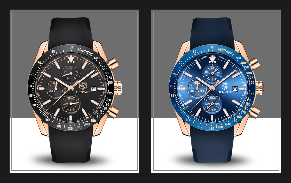 BENYAR Men's Watches Waterproof Stainless Steel Wrist Watch with Silicone Watchband Chronograph Auto Date