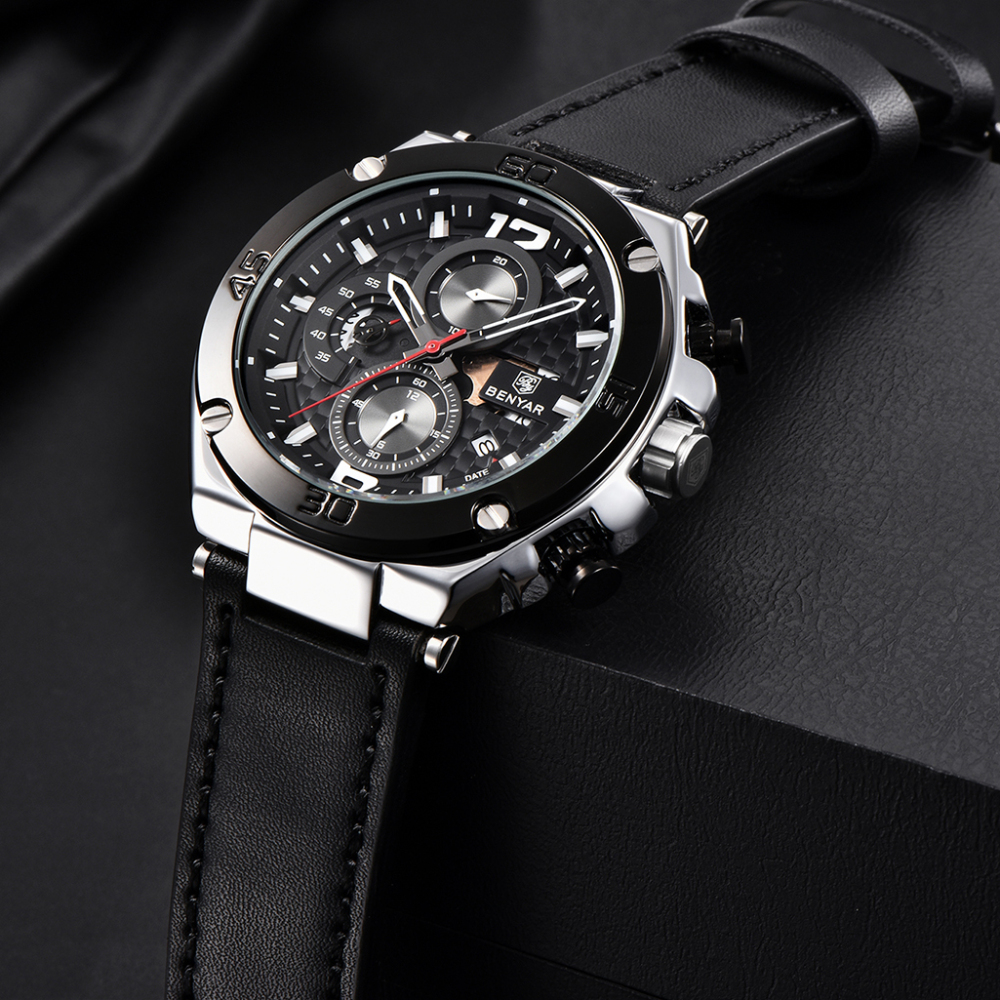 BENYAR Mens Sports Watches With Soft Leather Watchband Stopwatch Waterproof Chronograph Quartz Movement Auto Date