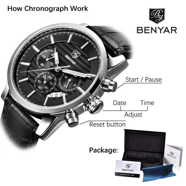 BENYAR Mens Watches Quartz Chronograph Waterproof Sport Fashion Wrist Watch for Men Leather Watchband Strap Lume Dial