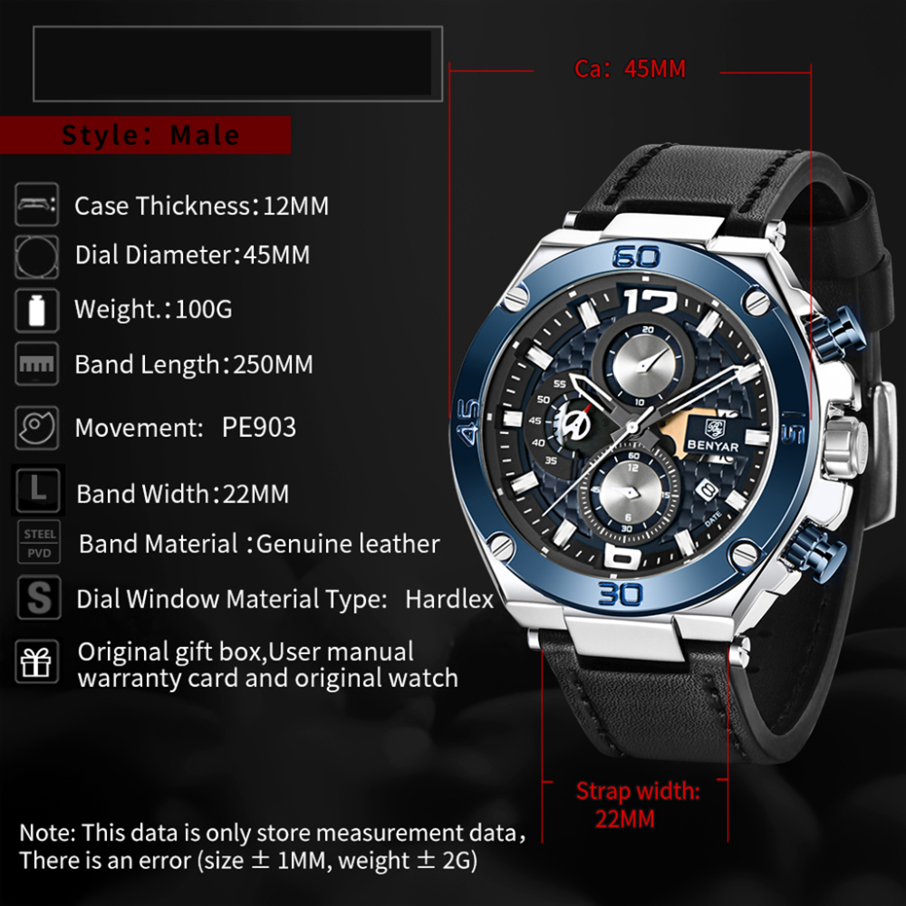 BENYAR Mens Sports Watches With Soft Leather Watchband Stopwatch Waterproof Chronograph Quartz Movement Auto Date
