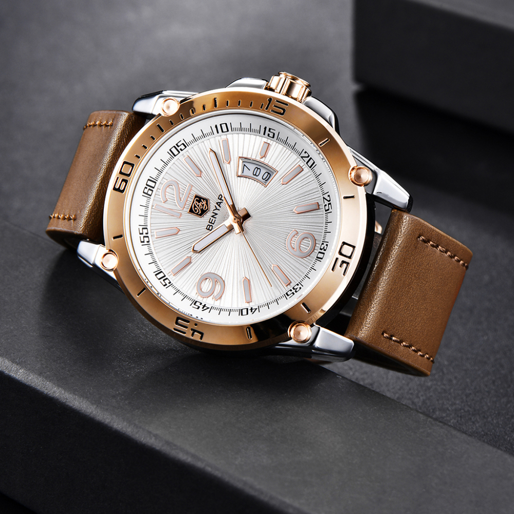 BENYAR Mens Watches Sports Quartz Casual Waterproof Wrist Watch for Men Auto Date Leather Watchband Stainless Steel Case