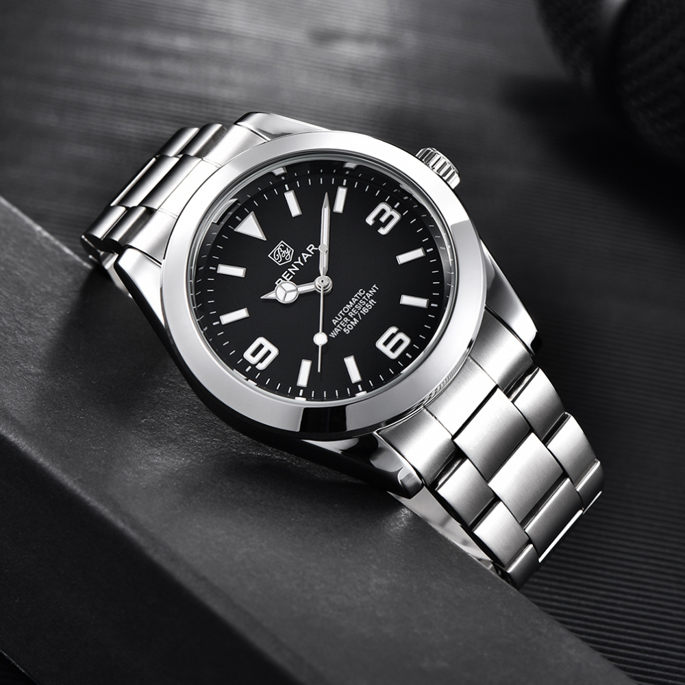 BENYAR Casual Men's Automatic Watches 50M Waterproof Solid Stainless Steel Bracelet Wrist Watch for Men Luminous Wristwatches