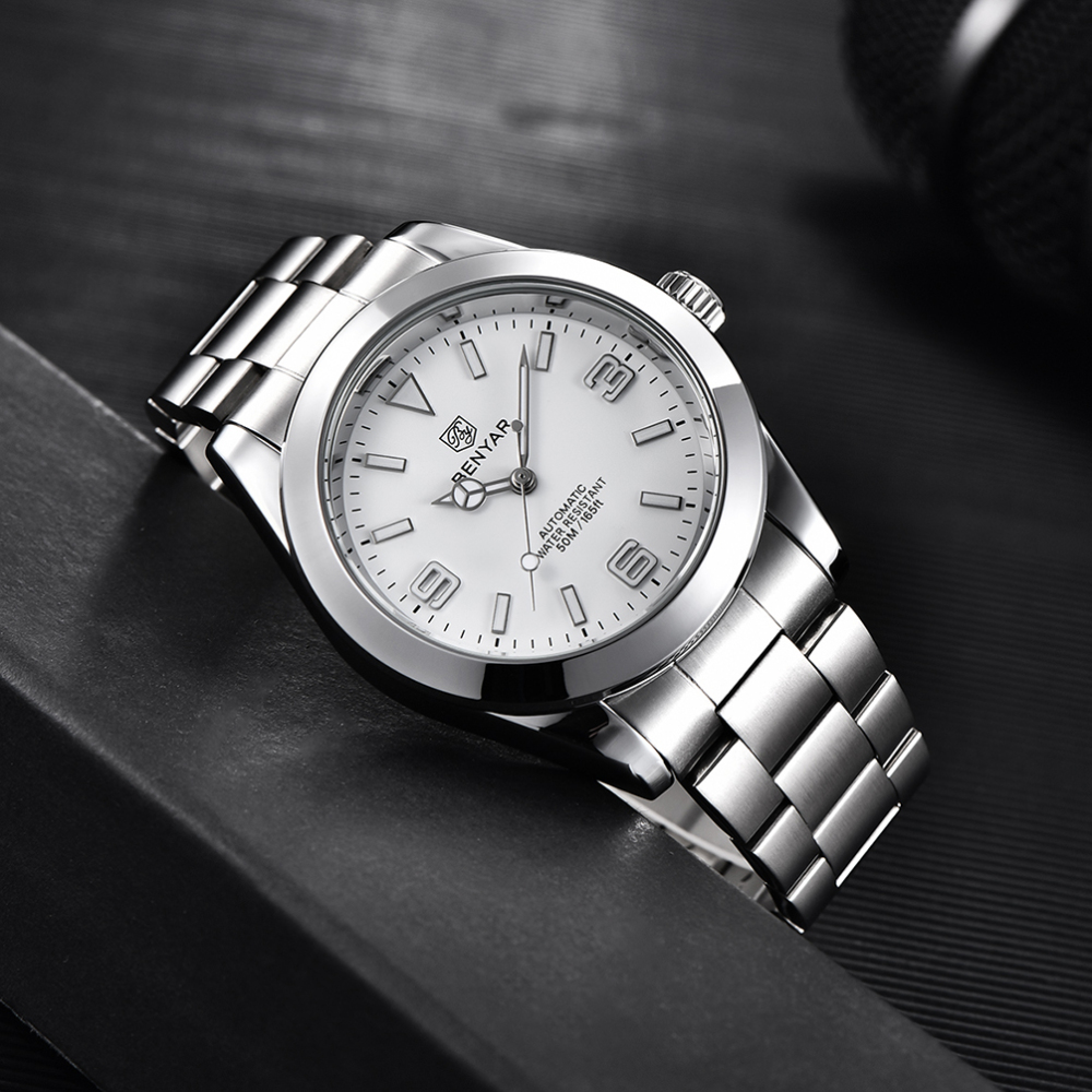 BENYAR Casual Men's Automatic Watches 50M Waterproof Solid Stainless Steel Bracelet Wrist Watch for Men Luminous Wristwatches