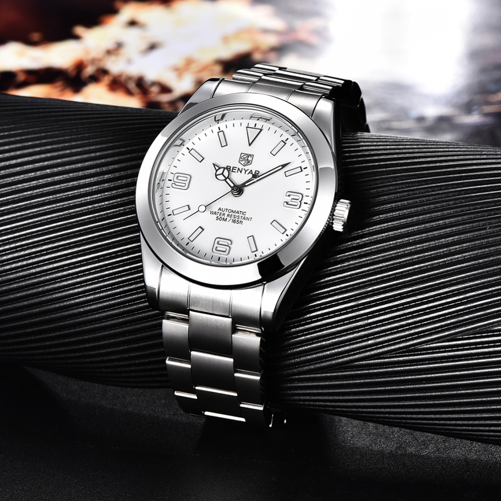 BENYAR Casual Men's Automatic Watches 50M Waterproof Solid Stainless Steel Bracelet Wrist Watch for Men Luminous Wristwatches