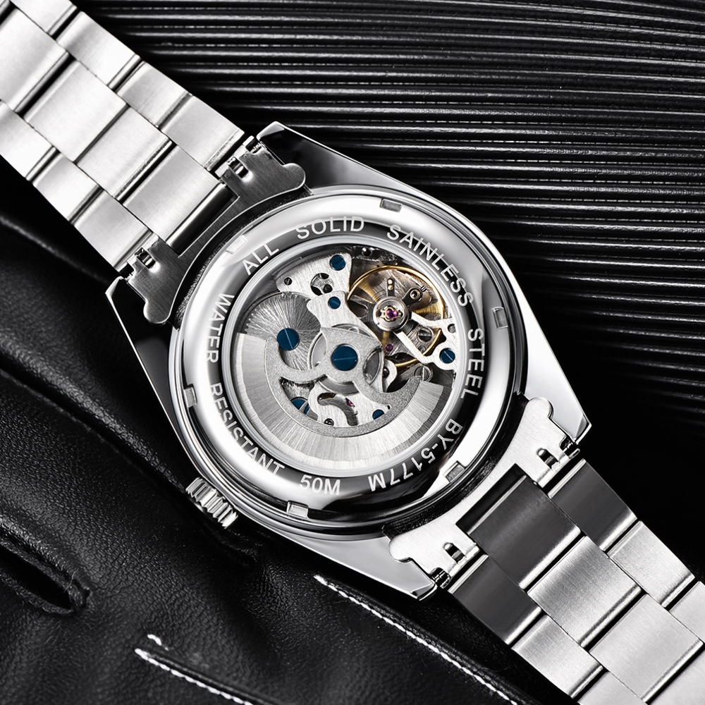 BENYAR Casual Men's Automatic Watches 50M Waterproof Solid Stainless Steel Bracelet Wrist Watch for Men Luminous Wristwatches
