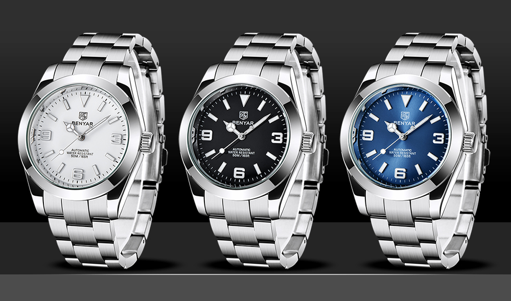 BENYAR Automatic Men's Watches Solid Stainless Steel Bracelet Wrist Watch for Men Casual Wristwatches 50M Waterproof Luminous Watch