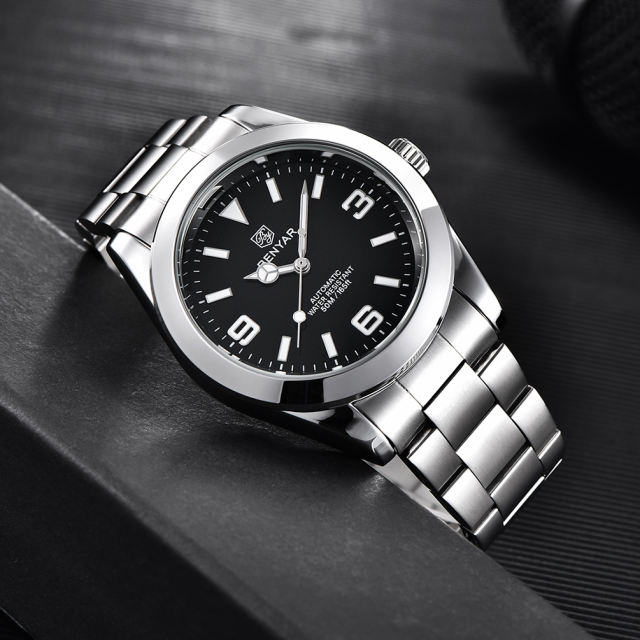 BENYAR Automatic Men's Watches Solid Stainless Steel Bracelet Wrist Watch for Men Casual Wristwatches 50M Waterproof Luminous Watch