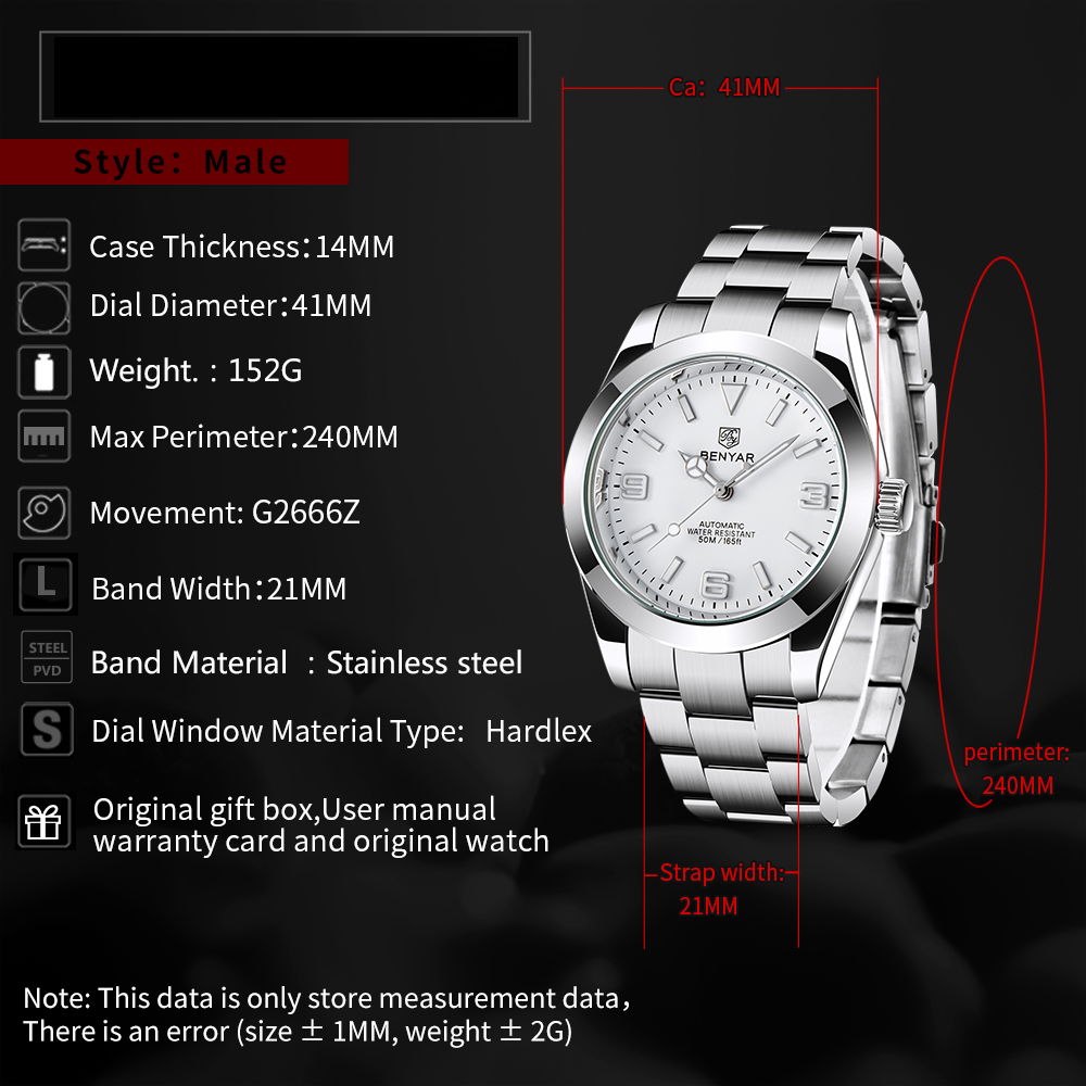 BENYAR Casual Men's Automatic Watches 50M Waterproof Solid Stainless Steel Bracelet Wrist Watch for Men Luminous Wristwatches