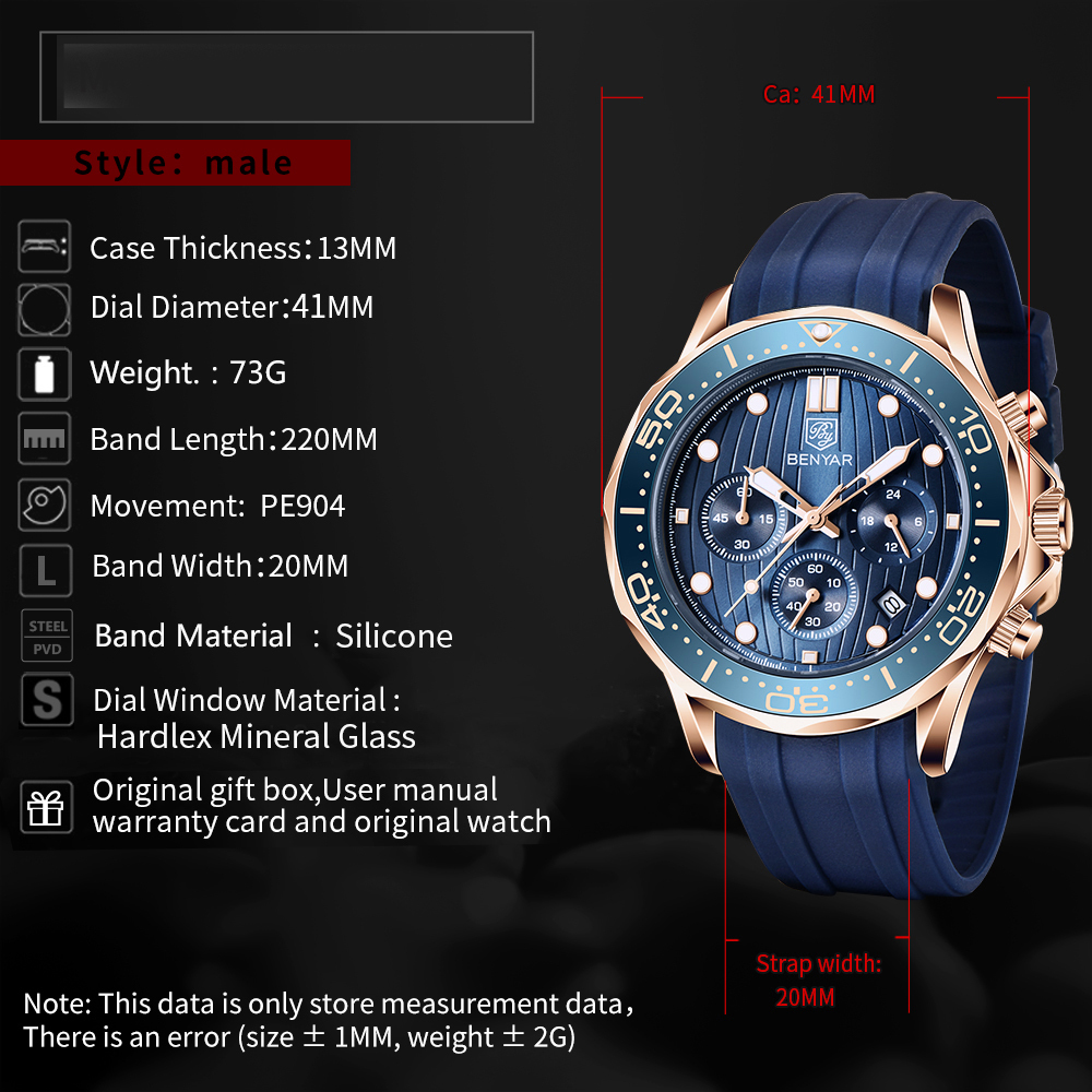 BENYAR New Men's Quartz Watches Waterproof Silicone Watchband Chronograph Wrist Watch for Men Auto Date Rotated Aluminum Bezel Luminous Dial