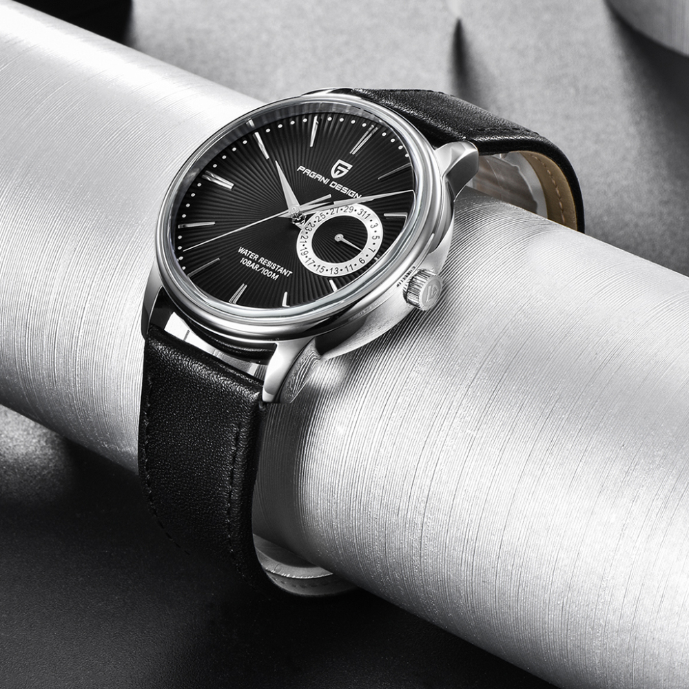 PAGANI DESIGN Leather Strap Men's Watches 100M Waterproof Luxury Wrist Watch with Seiko VH65 Quartz Movement Hard Coated Dial Glass