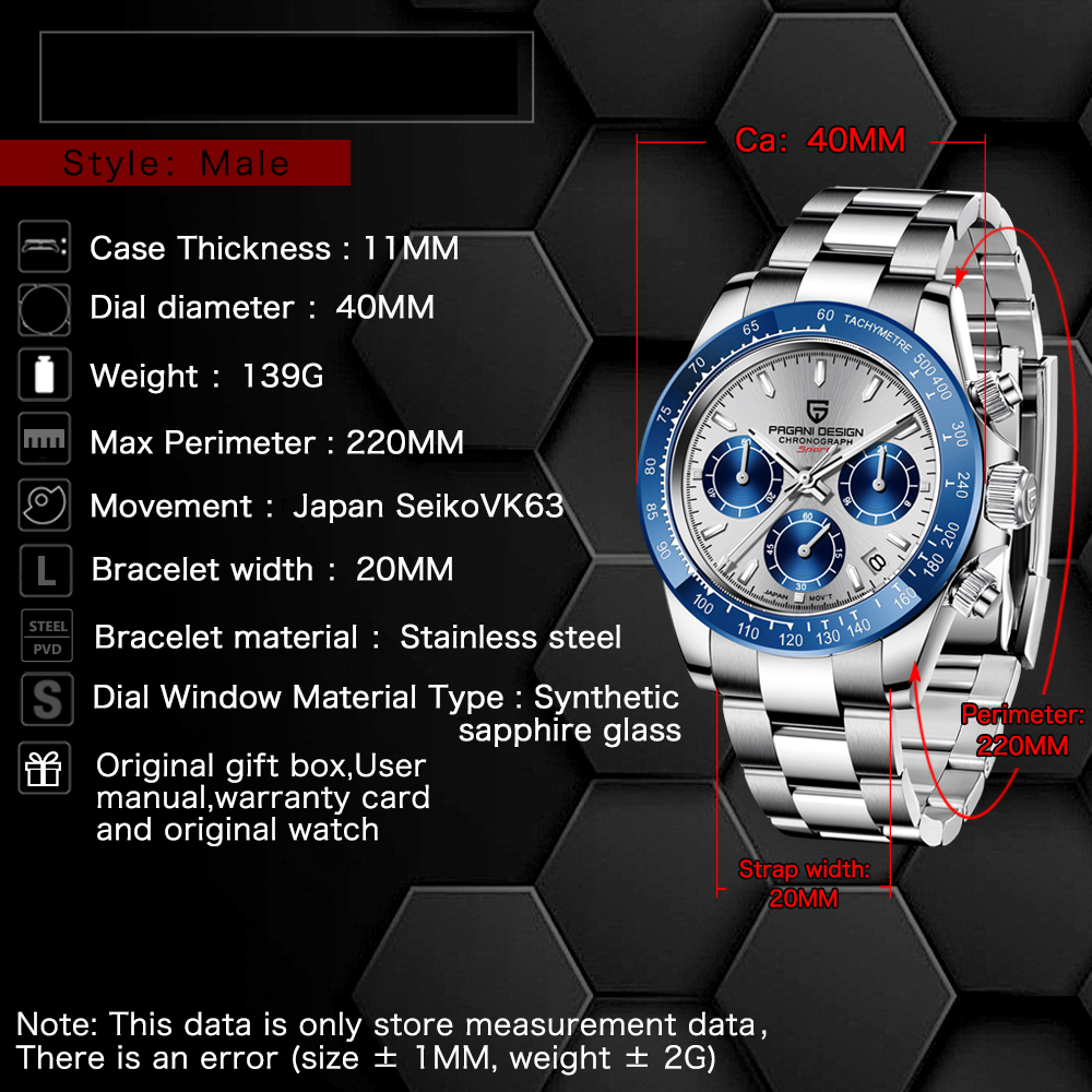 PAGANI DESIGN Blue Men's Quartz Watches Daytona Homage Wrist Watch with Seiko VK63 Movement Sapphire Ceramic Bezel Waterproof Stainless Steel Strap
