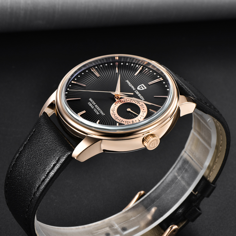 PAGANI DESIGN Leather Strap Men's Watches 100M Waterproof Luxury Wrist Watch with Seiko VH65 Quartz Movement Hard Coated Dial Glass