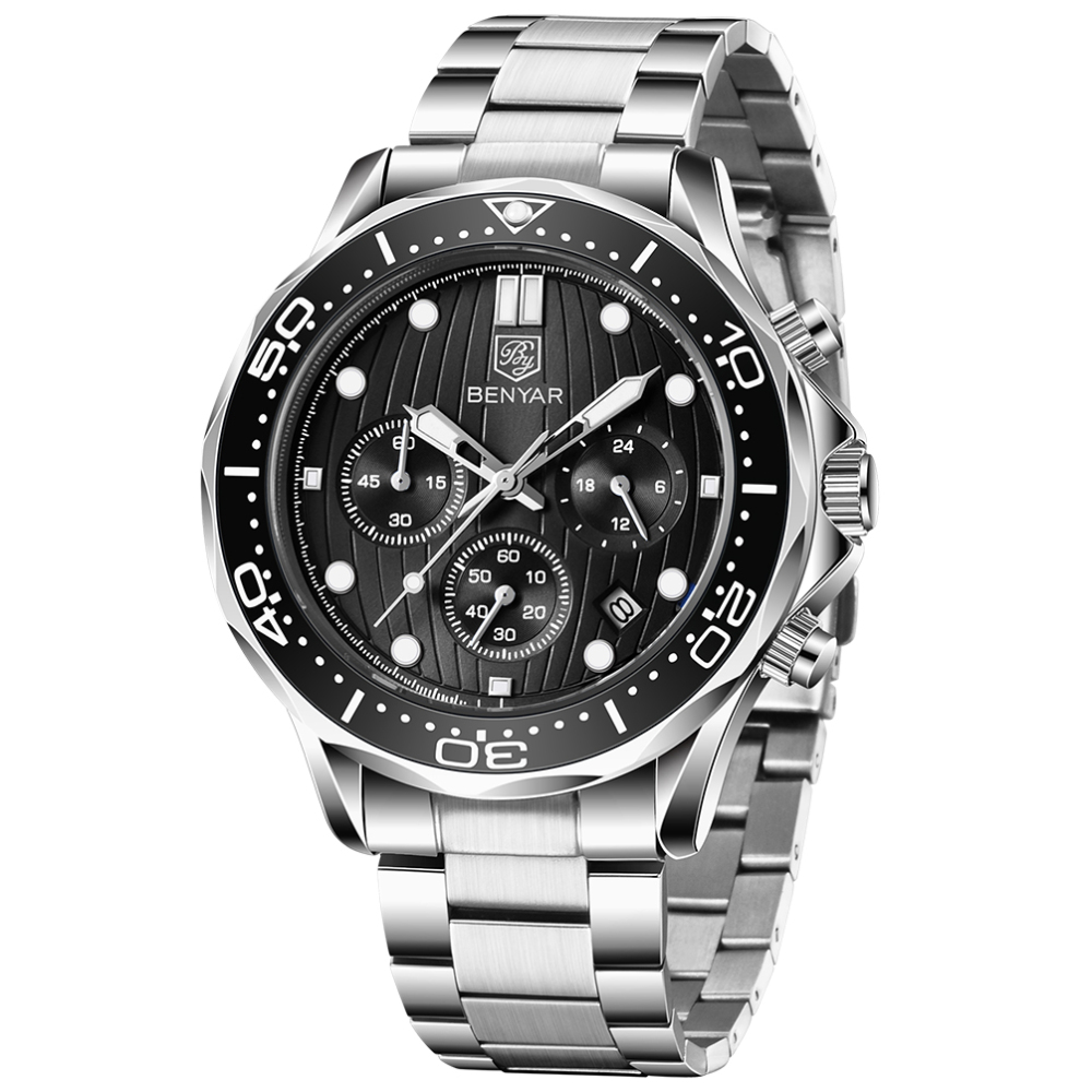 BENYAR New Men's Quartz Watches Waterproof Stainless Steel Chronograph Wrist Watch for Men Auto Date Rotated Aluminum Bezel Luminous Dial